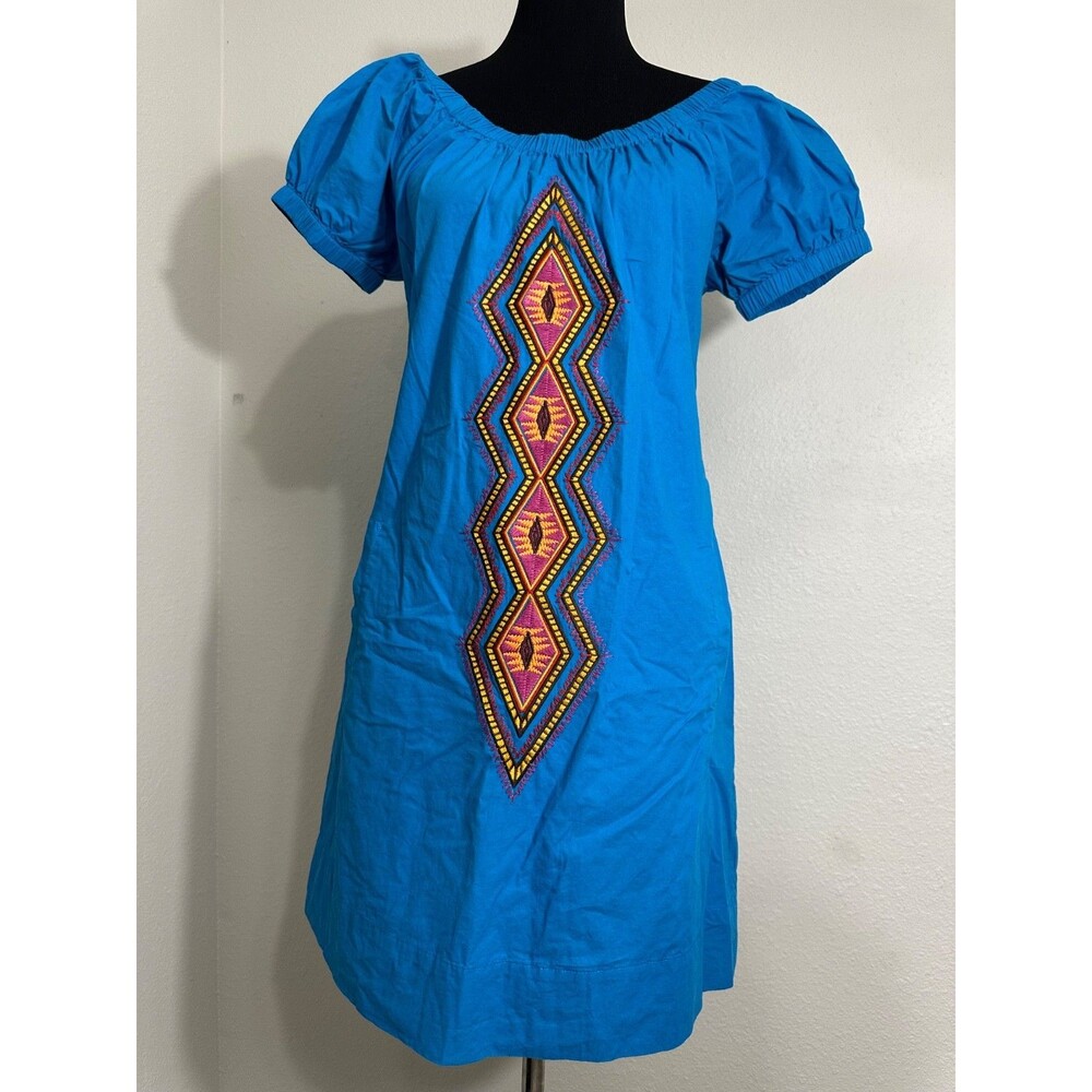Uncle Frank Turquoise Blue Geometric Embroidered Peasant Shift Dress Size S Pock